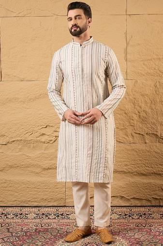 Men pink silk blend solid embroidered straight kurta