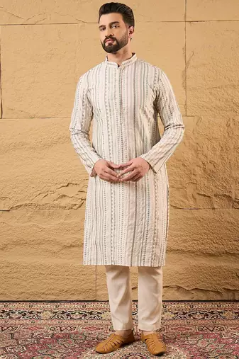 Men pink silk blend solid embroidered straight kurta