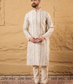 Men pink silk blend solid embroidered straight kurta