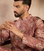 Men brown cotton solid embroidered straight kurta sets
