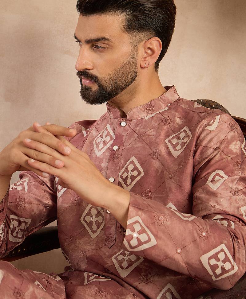 Men brown cotton solid embroidered straight kurta sets