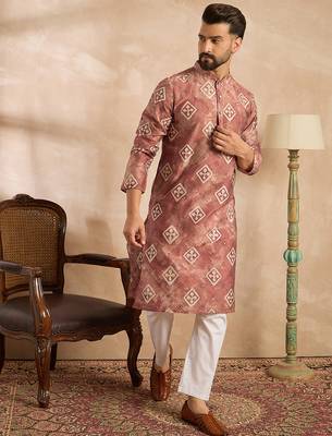 Men brown cotton solid embroidered straight kurta sets 3