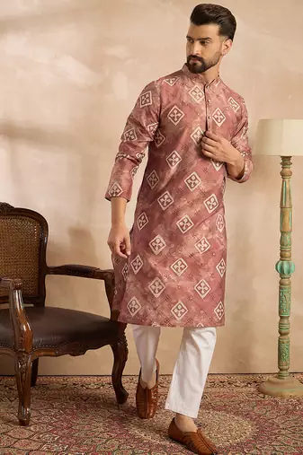 Men brown cotton solid embroidered straight kurta sets