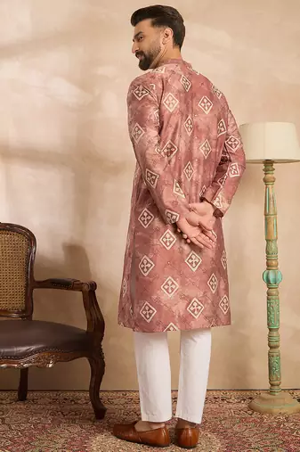 Men brown cotton solid embroidered straight kurta sets