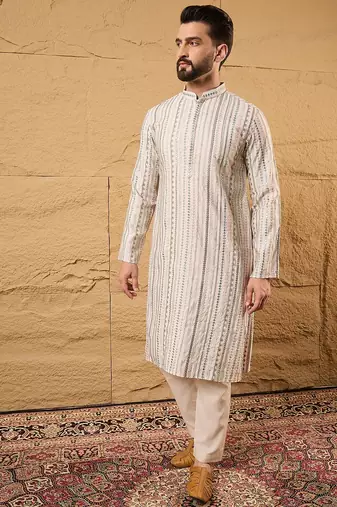 Men pink silk blend solid embroidered straight kurta
