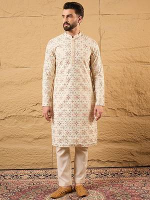 Men off white silk blend solid embroidered straight kurta 1