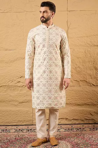 Men off white silk blend solid embroidered straight kurta