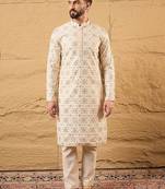 Men off white silk blend solid embroidered straight kurta