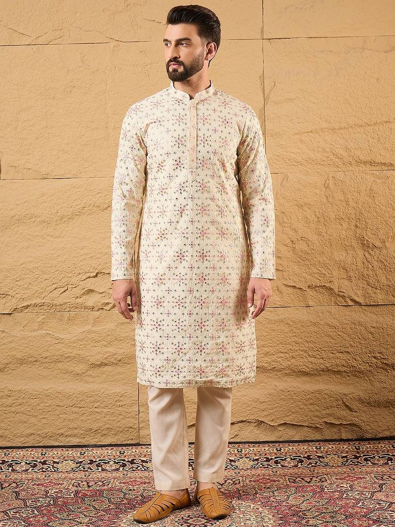 Men off white silk blend solid embroidered straight kurta