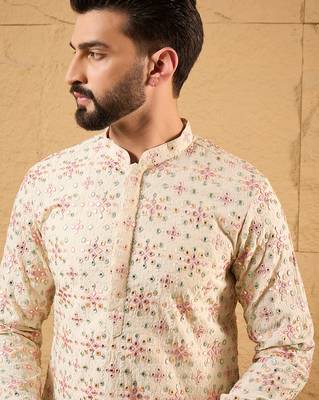 Men off white silk blend solid embroidered straight kurta 2