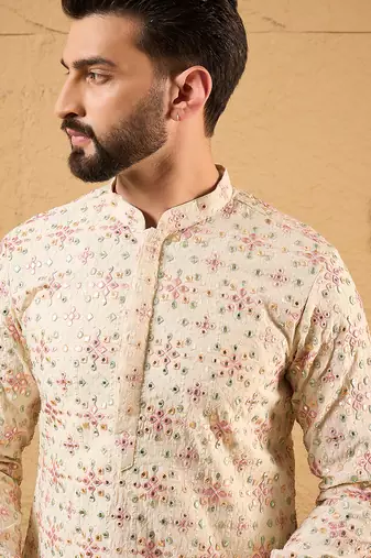 Men off white silk blend solid embroidered straight kurta