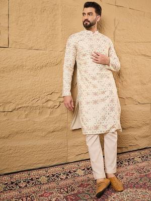 Men off white silk blend solid embroidered straight kurta 3