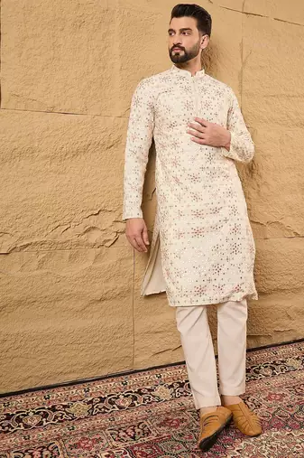 Men off white silk blend solid embroidered straight kurta