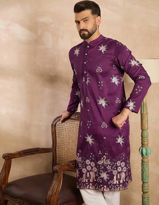 Men purple polyester solid embroidered straight kurta sets 3