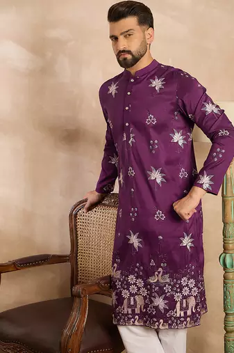 Men purple polyester solid embroidered straight kurta sets