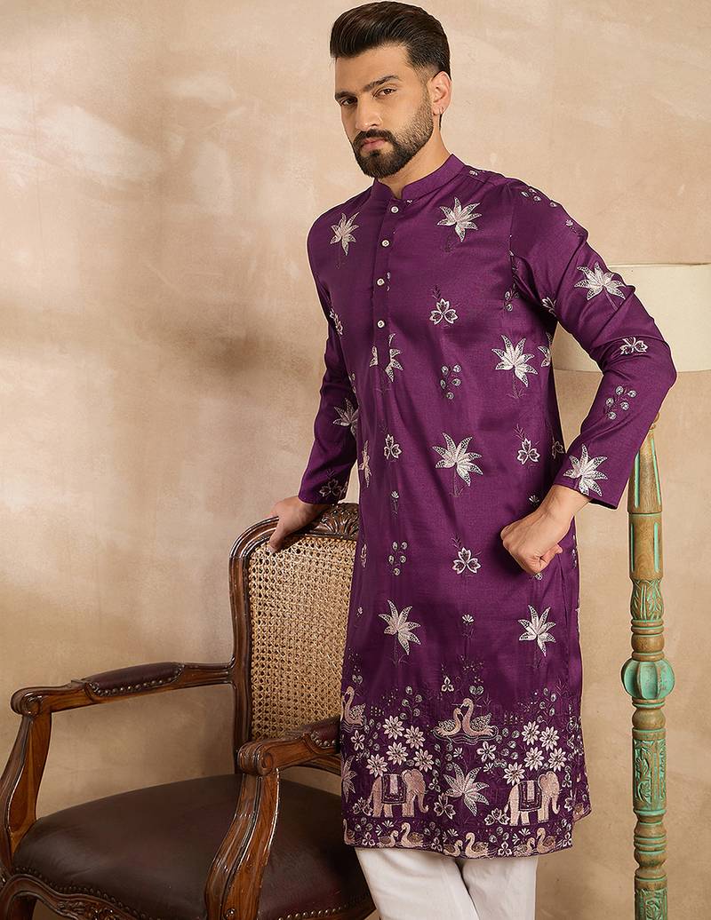 Men purple polyester solid embroidered straight kurta sets