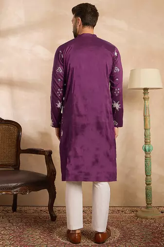 Men purple polyester solid embroidered straight kurta sets