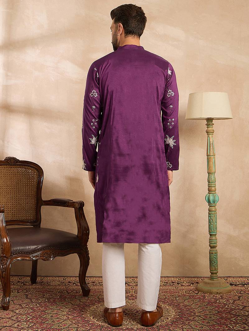 Men purple polyester solid embroidered straight kurta sets