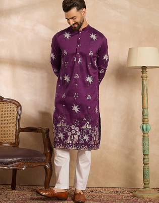 Men purple polyester solid embroidered straight kurta sets 5