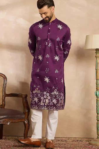 Men purple polyester solid embroidered straight kurta sets
