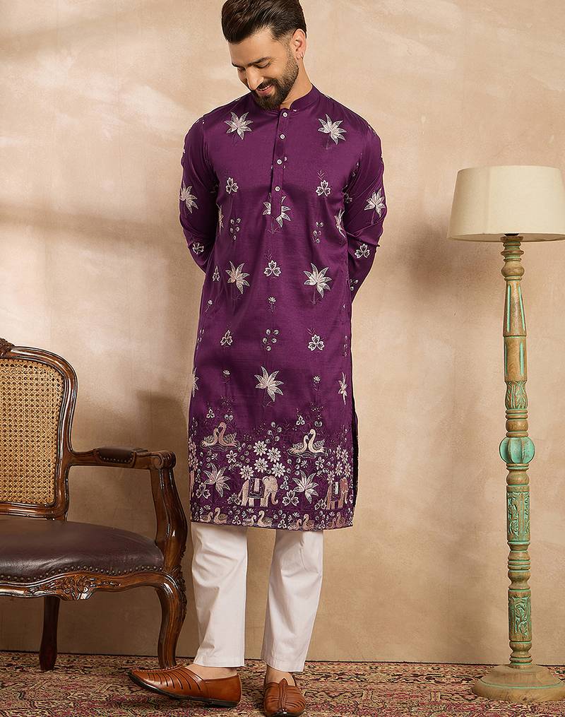 Men purple polyester solid embroidered straight kurta sets