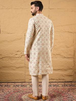 Men off white silk blend solid embroidered straight kurta 5