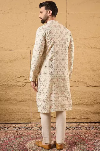 Men off white silk blend solid embroidered straight kurta