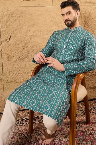 Men blue silk blend solid embroidered straight kurta