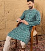 Men blue silk blend solid embroidered straight kurta