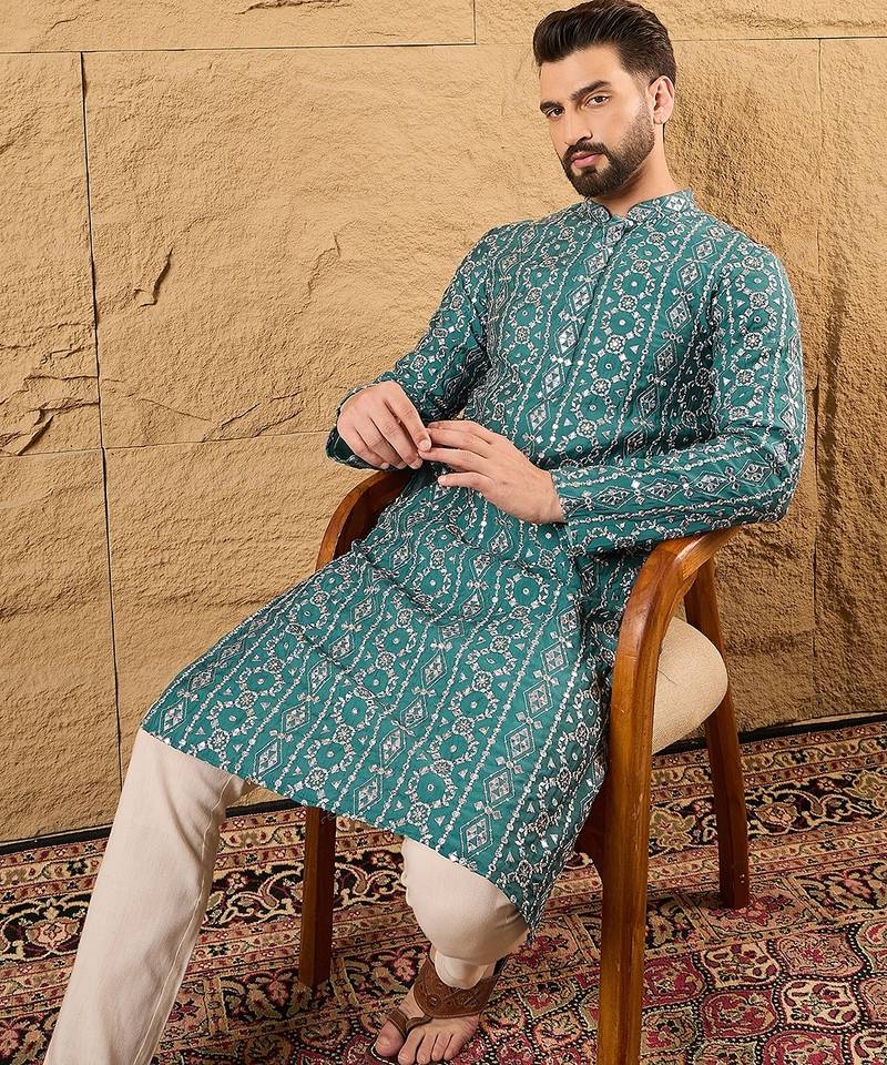 Men blue silk blend solid embroidered straight kurta