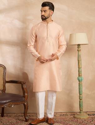 Men peach polyester solid embroidered straight kurta sets 2