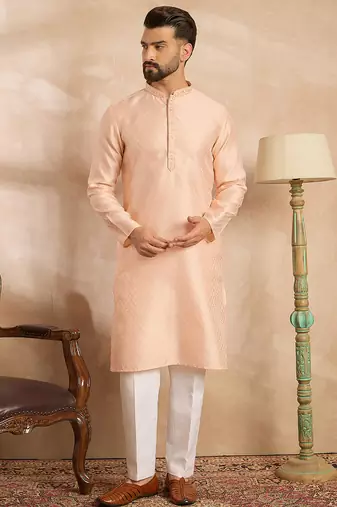 Men peach polyester solid embroidered straight kurta sets