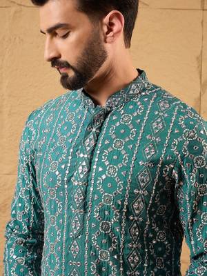 Men blue silk blend solid embroidered straight kurta 2
