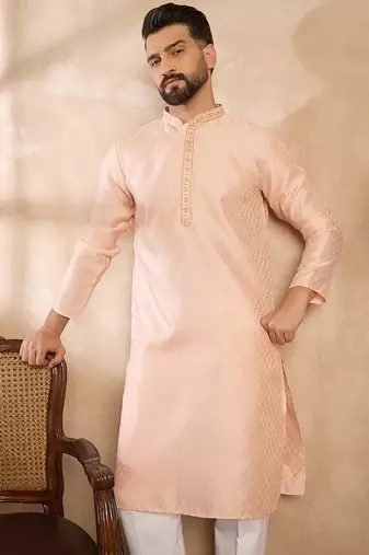 Men peach polyester solid embroidered straight kurta sets