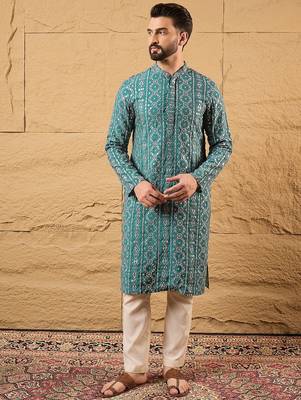 Men blue silk blend solid embroidered straight kurta 3