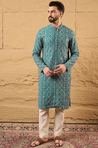 Men blue silk blend solid embroidered straight kurta