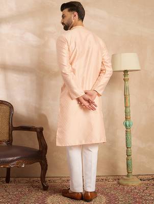 Men peach polyester solid embroidered straight kurta sets 4