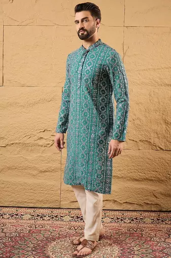 Men blue silk blend solid embroidered straight kurta