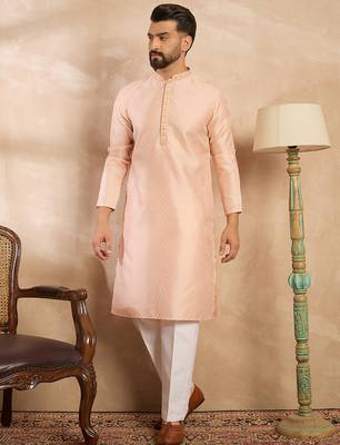 Men peach polyester solid embroidered straight kurta sets 5