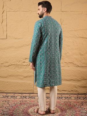 Men blue silk blend solid embroidered straight kurta 5