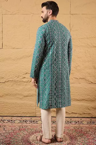 Men blue silk blend solid embroidered straight kurta
