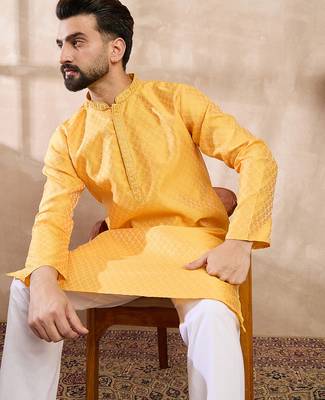 Men yellow silk blend solid embroidered straight kurta with trouser 1