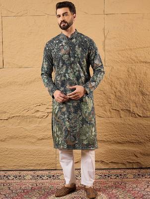Men green georgette solid embroidered straight kurta 1