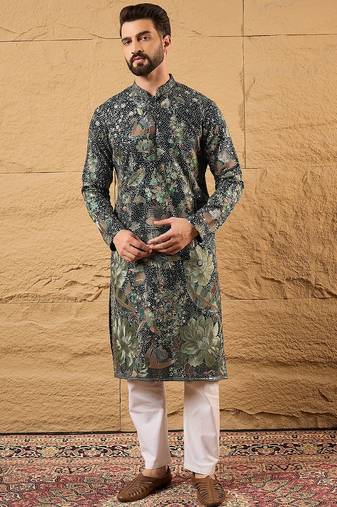 Men green georgette solid embroidered straight kurta