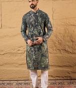 Men green georgette solid embroidered straight kurta
