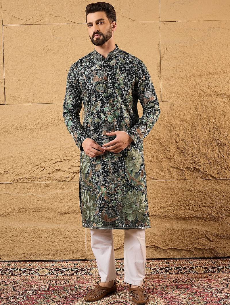 Men green georgette solid embroidered straight kurta