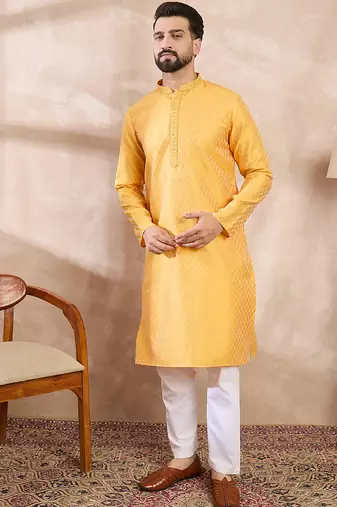 Men yellow silk blend solid embroidered straight kurta with trouser