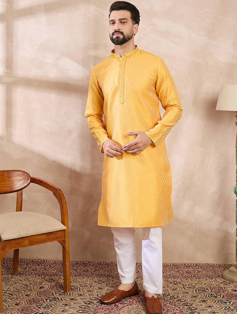 Men yellow silk blend solid embroidered straight kurta with trouser