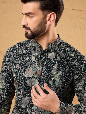 Men green georgette solid embroidered straight kurta 2