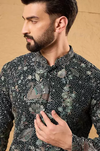 Men green georgette solid embroidered straight kurta